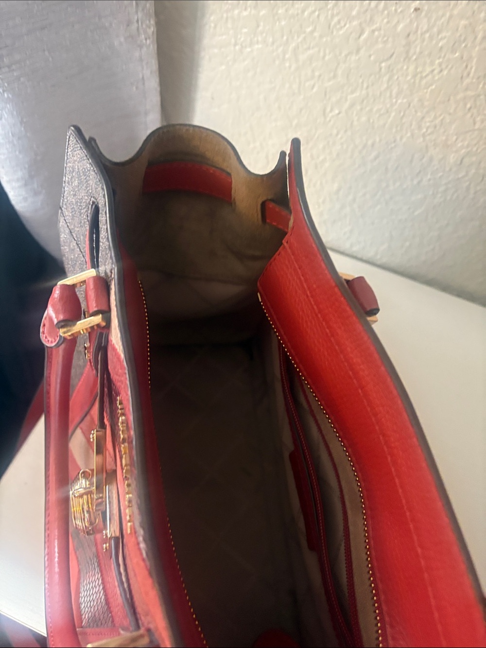 Michael Kors Red and Brown Logo Stripe Satchel with Gold Lock - Picture 5 of 5